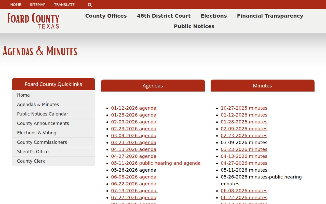 Foard County court schedule research showing official county agendas