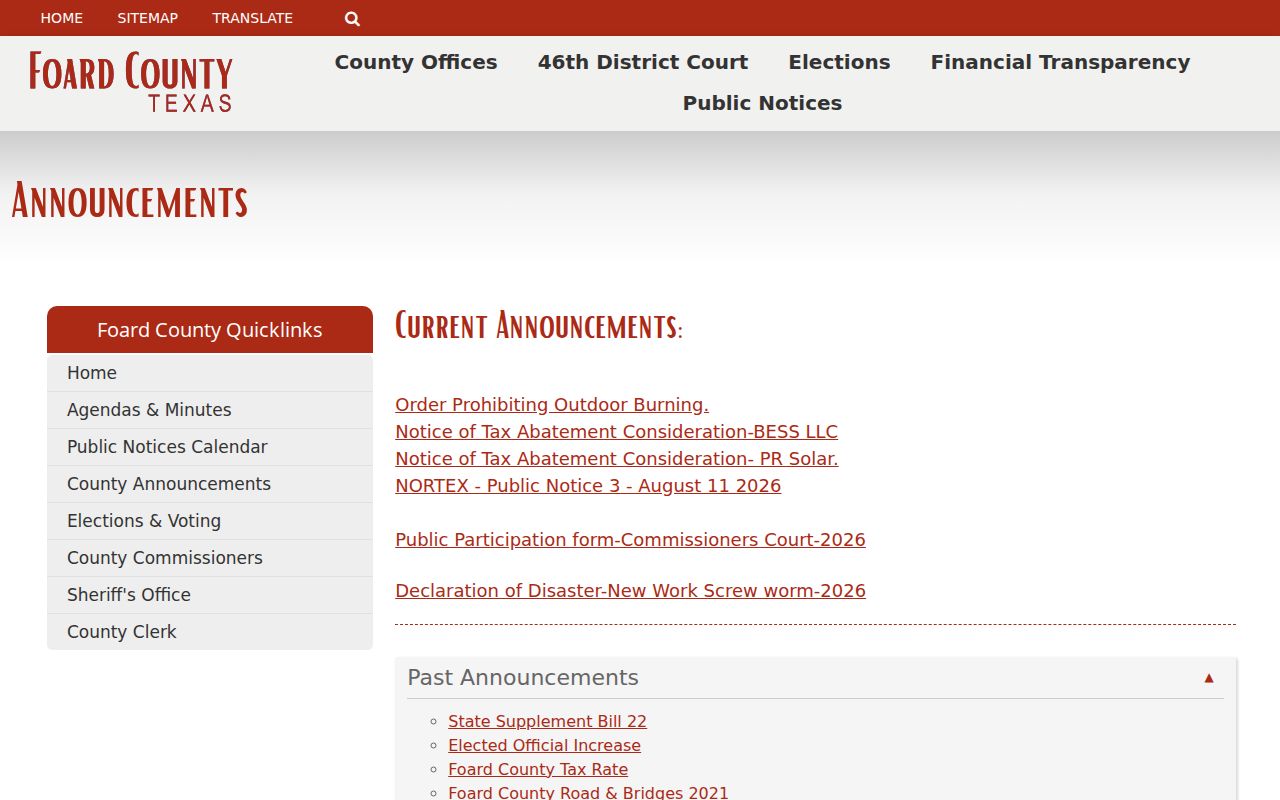 Foard County court docket research showing current county announcements