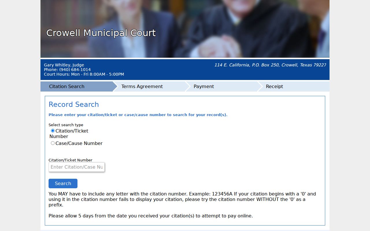 Crowell Municipal Court nCourt citation search and payment portal