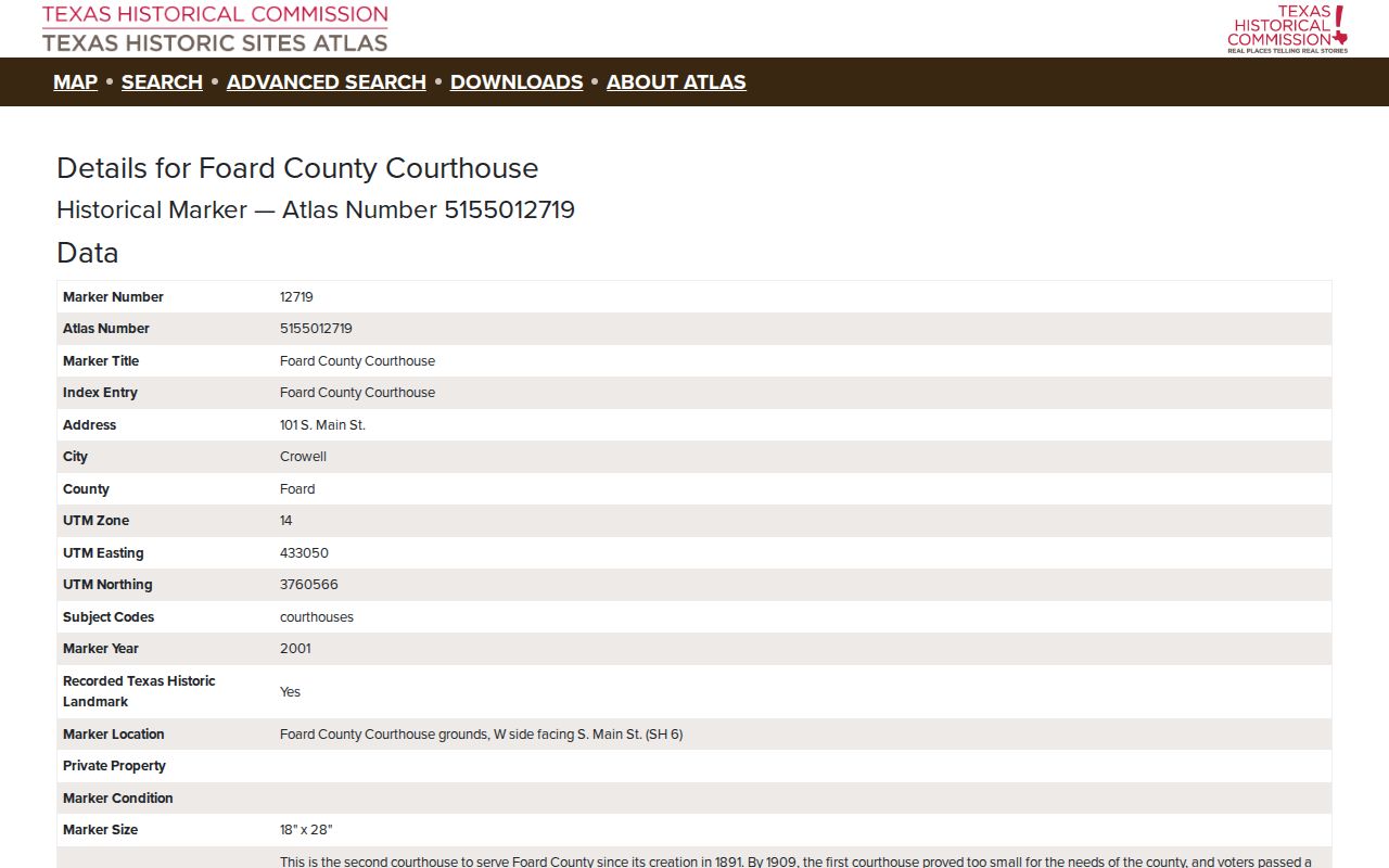 Texas Historical Commission marker account for the historic Foard County Courthouse