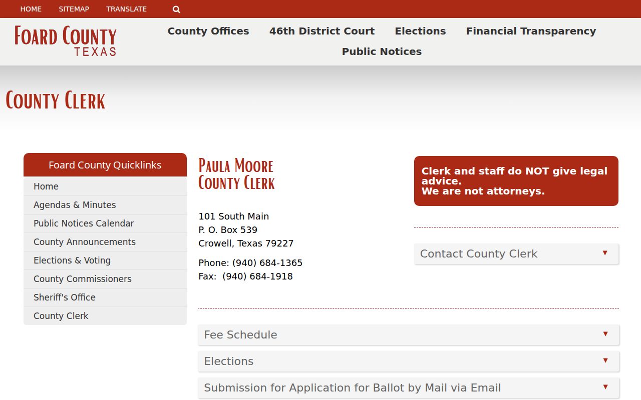 Official Foard County Clerk page with office and contact information
