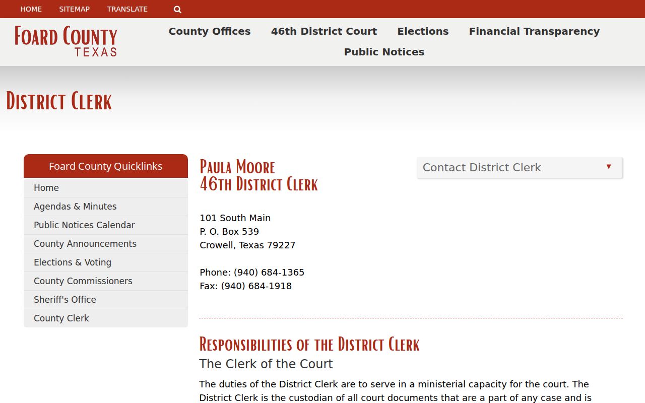 Foard County criminal court docket District Clerk